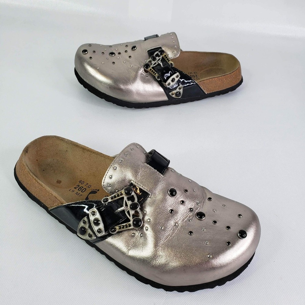 Betula Clogs Women 40 US 9 Silver Studded Buckle Licensed Birkenstock Metallic
